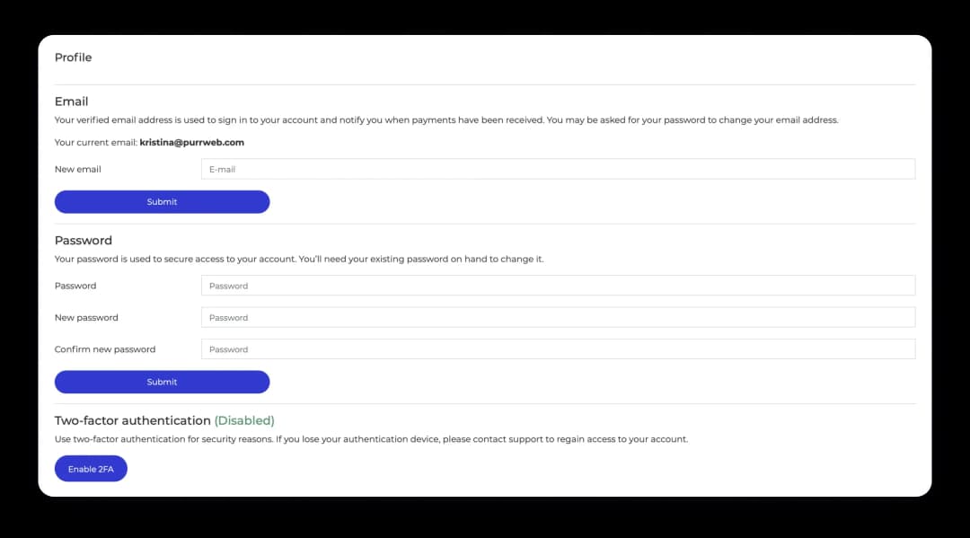 Profile settings screen with email and password fields