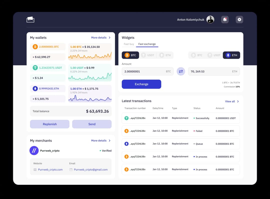 Cryptocurrency wallet and transaction dashboard screen