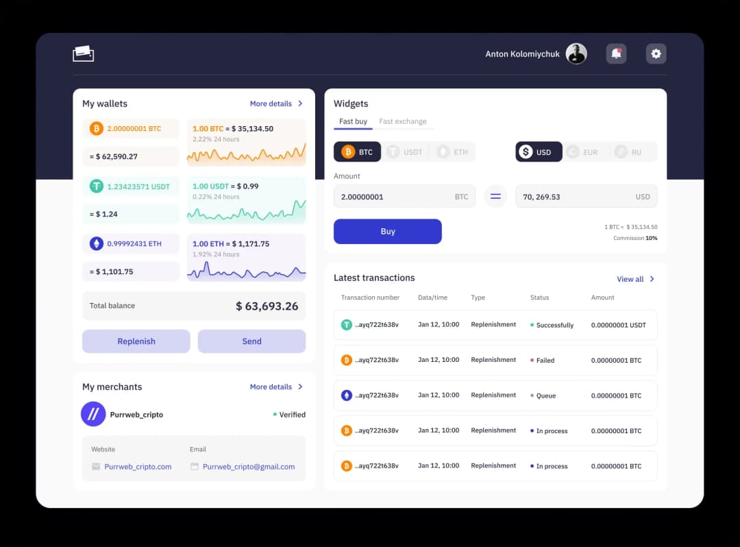 Cryptocurrency wallet dashboard interface