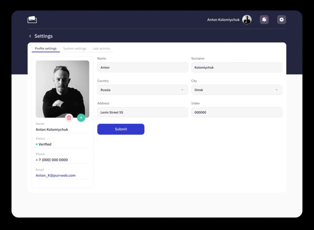 User profile settings screen