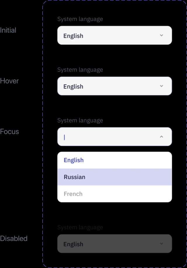 Language selection dropdown menu UI screen