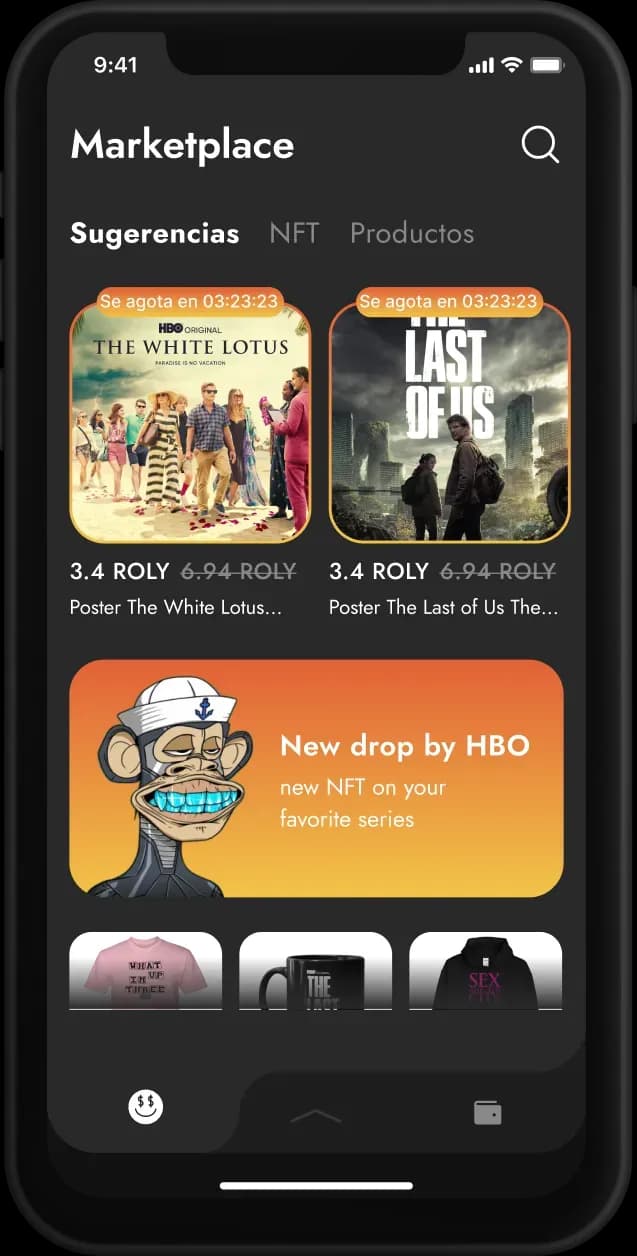 Marketplace suggestions screen with NFT products