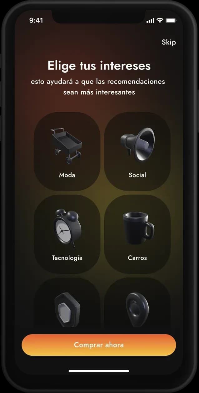 Interest selection screen for mobile app