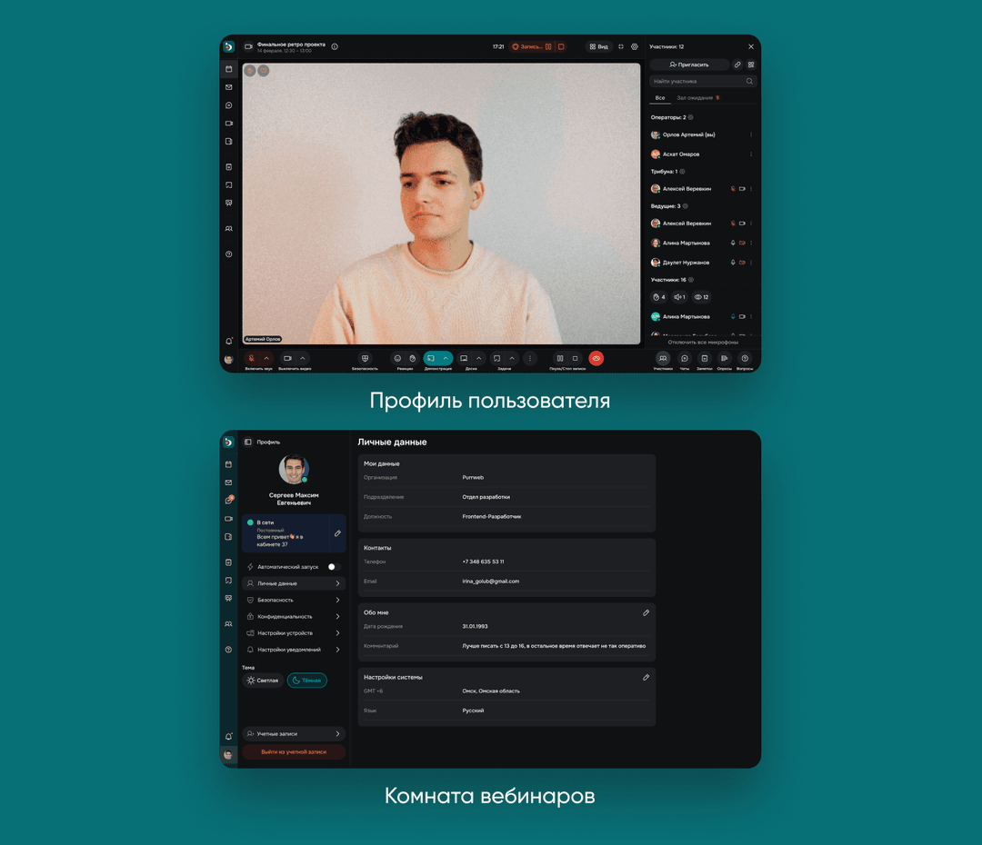Профиль пользователя и комната вебинаров в темной теме 