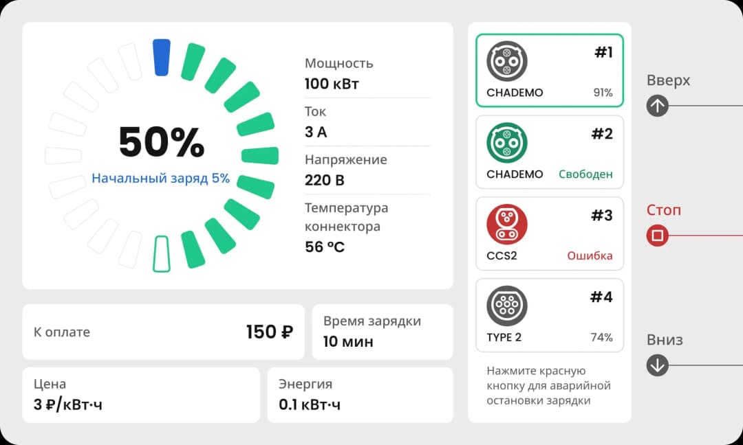 EV charging station interface showing charge status