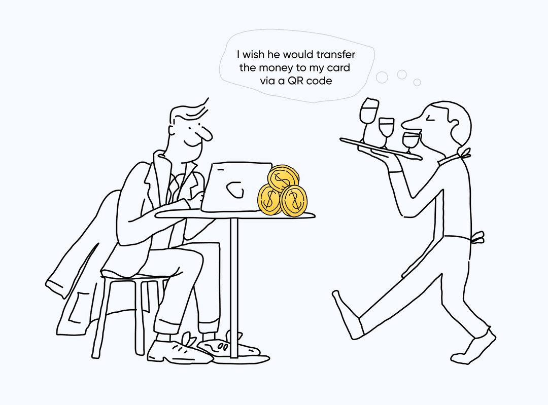 A waiter is dreaming of convenient tipping via a QR code.