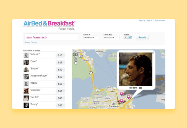 Ранняя версия сайта AirBed & Breakfast: поиск жилья в Сан-Франциско с ценами и картой