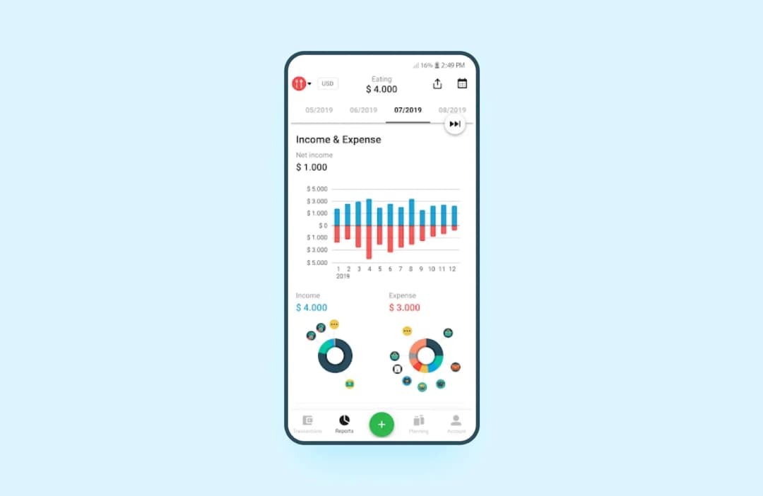 Finance app report screen with monthly income-expense bar chart and category donut charts