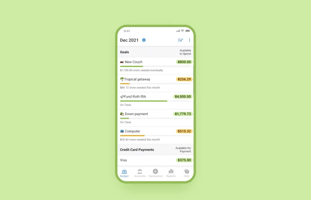 YNAB budget screen with savings goals for a new couch, tropical getaway, Roth IRA and computer