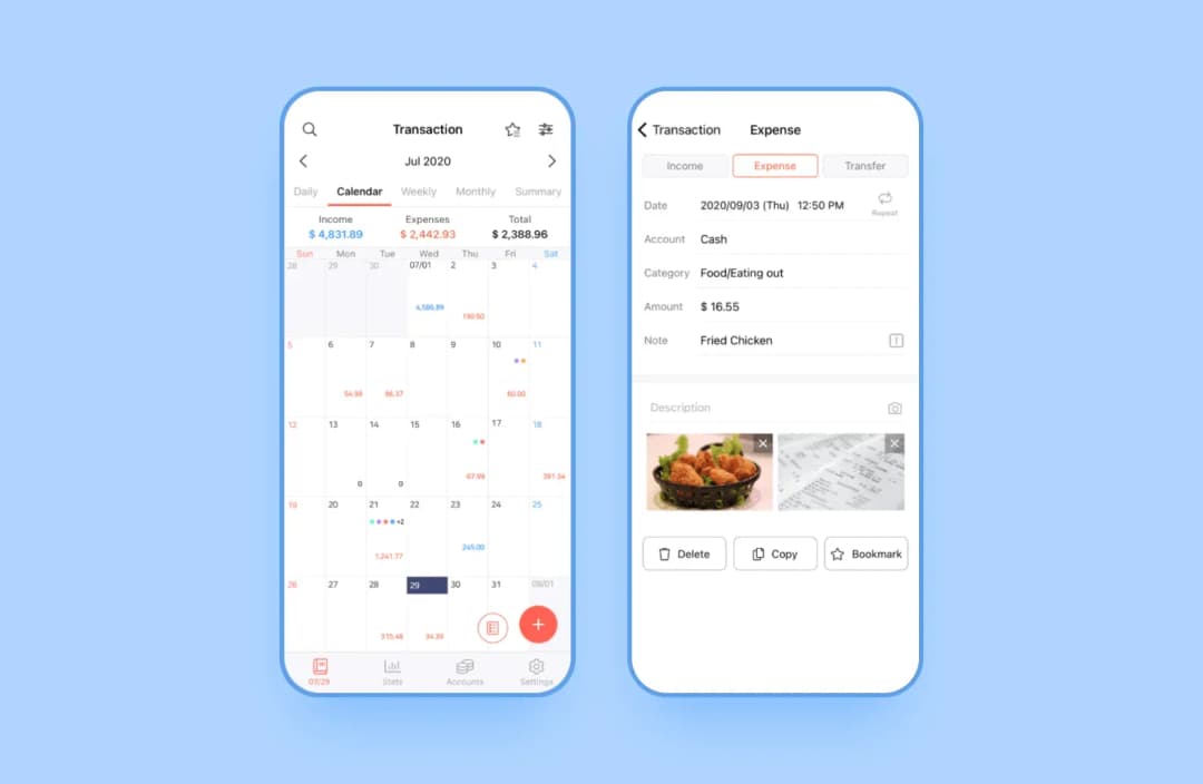 Money Manager screens: monthly transaction calendar and an expense detail with photo receipt