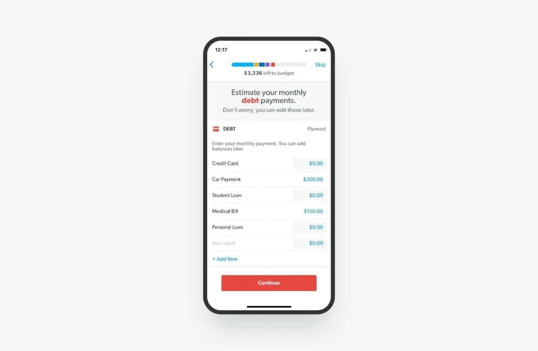 EveryDollar screen estimating monthly debt payments for credit card, car, loans and medical bill