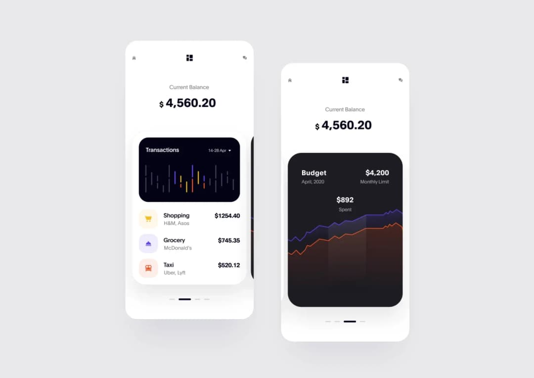 Finance app screens: current balance $4,560.20 with transactions chart and monthly budget graph