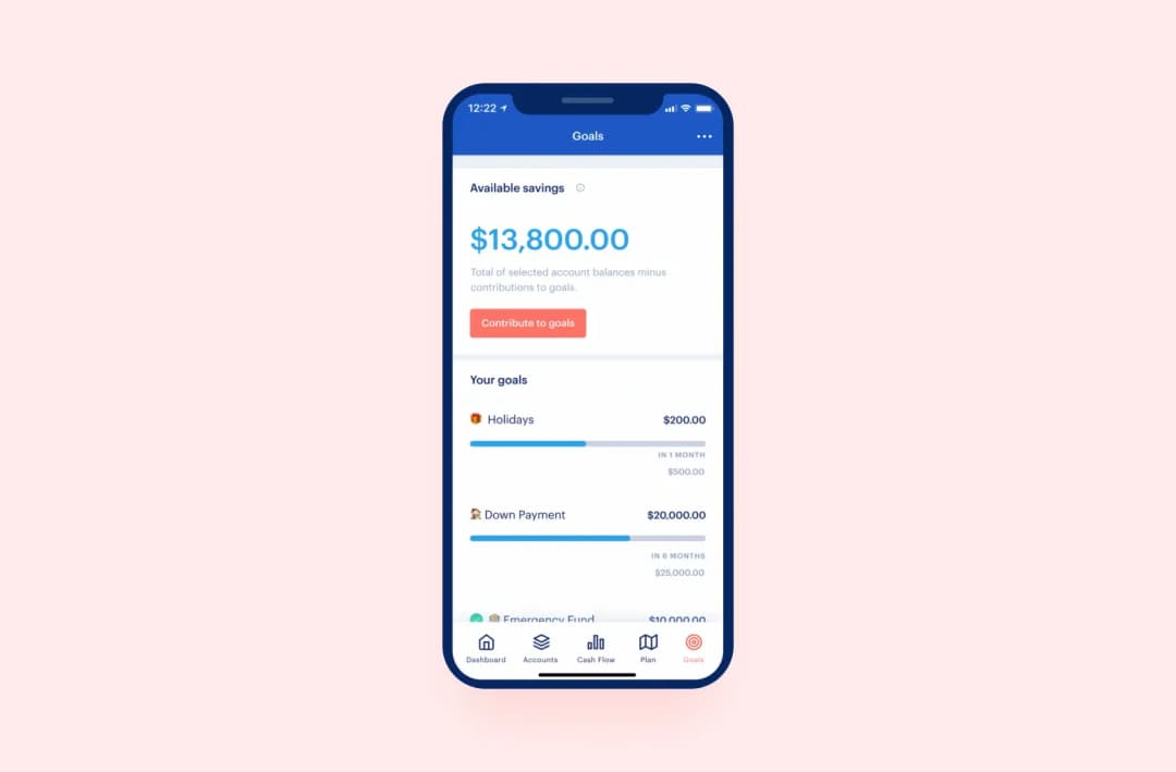 Goals screen with $13,800 available savings and progress bars for holidays and down payment