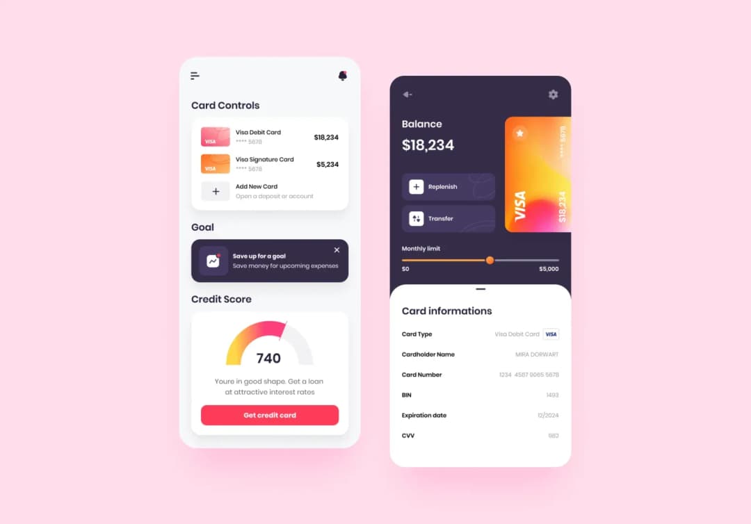 Banking app screens: card controls with credit score 740 and card details with balance $18,234