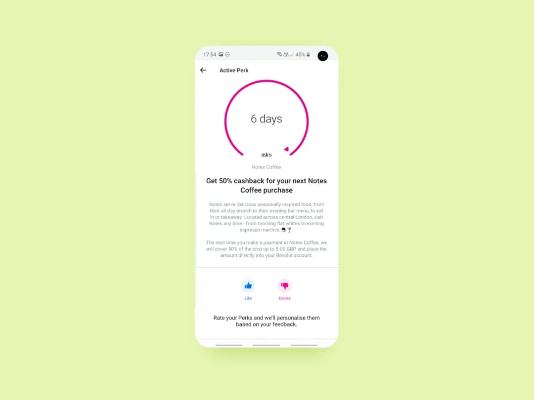 Revolut perk screen offering 50% cashback on the next Notes Coffee purchase with like and dislike buttons