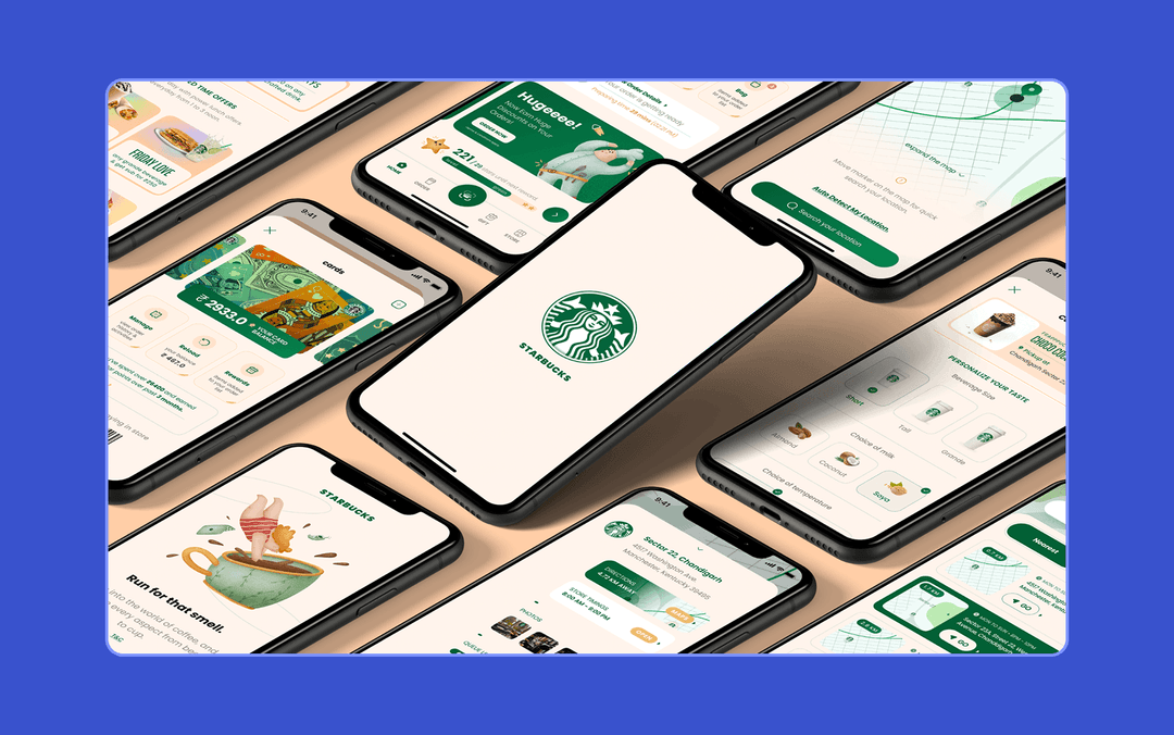 экраны мобильного приложения Starbucks c корпоративным брендингом