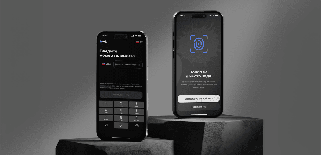 Экраны регистрации: ввод номера и вход по Touch ID
