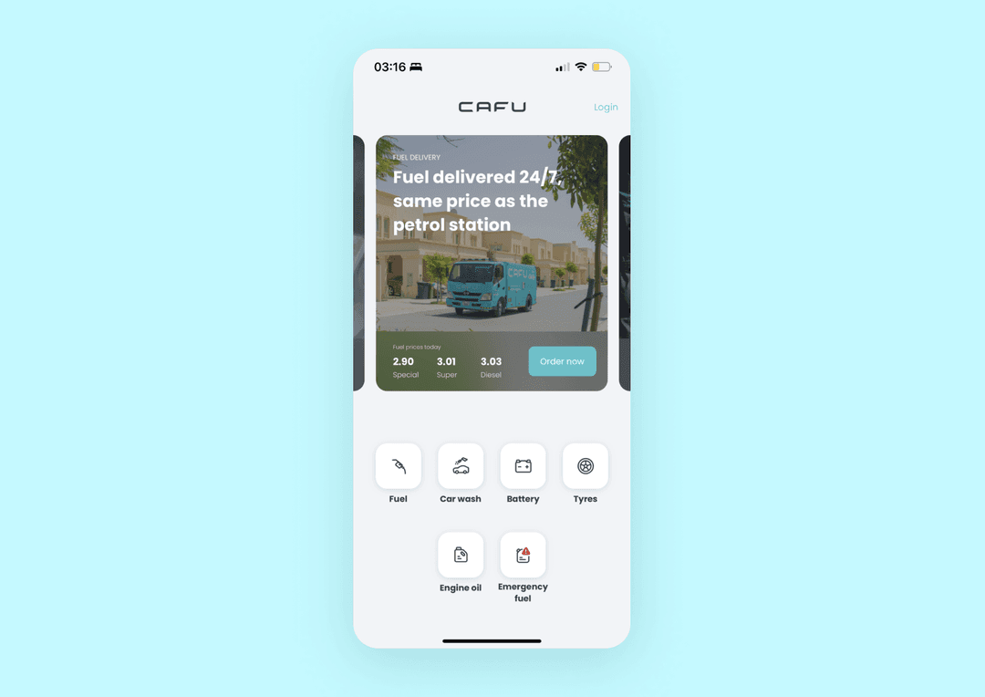 Screenshot of the Cafu app services