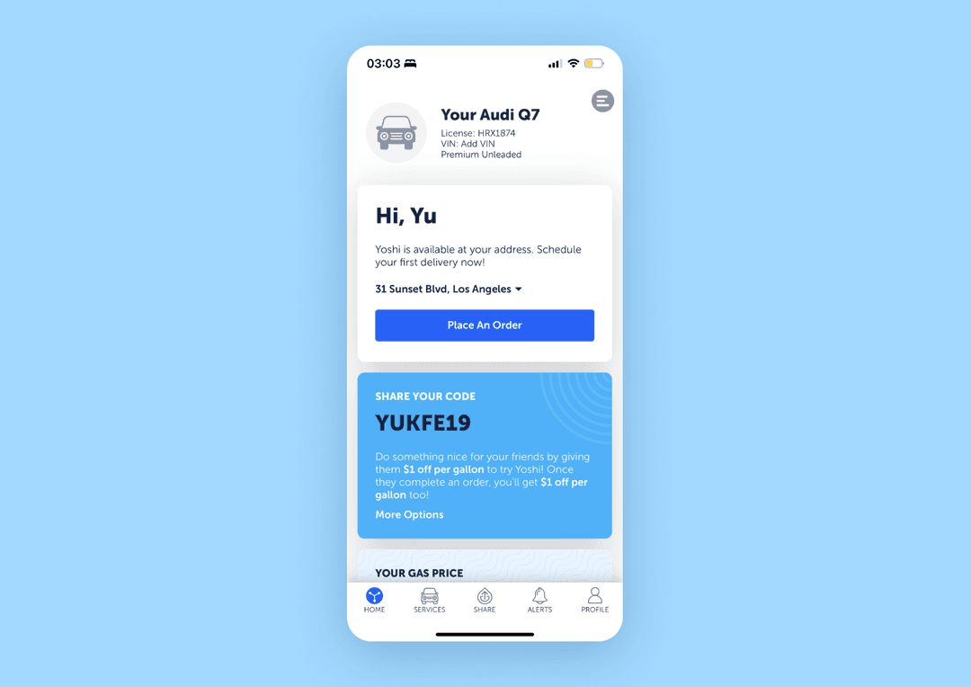 White background with bright blue elements. The screen displays personal info about a user and a promo code
