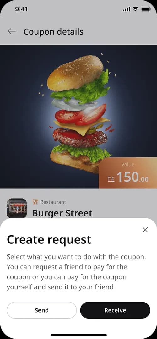 Coupon details screen with stacked burger image