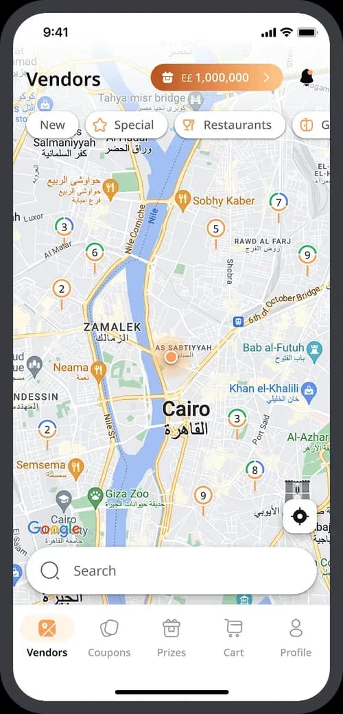 Vendors map screen in Cairo mobile app