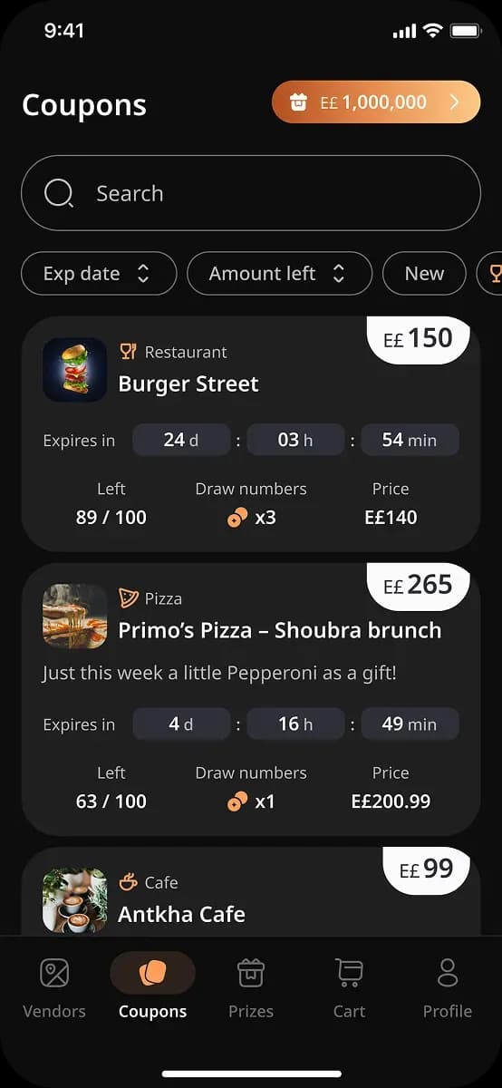 Coupons screen displaying various offers