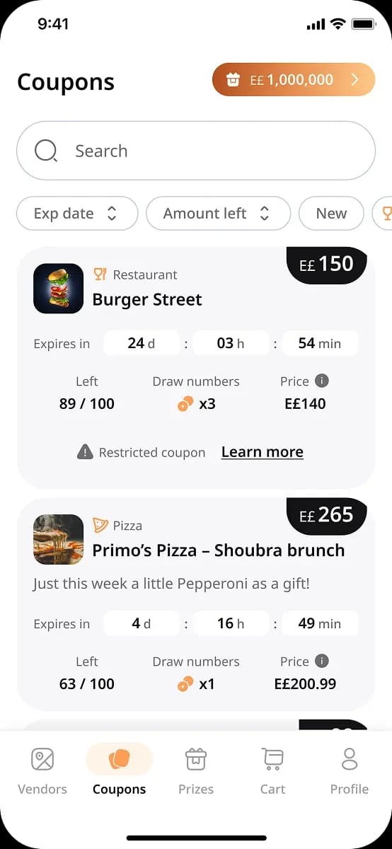 Coupons interface with restaurant offers