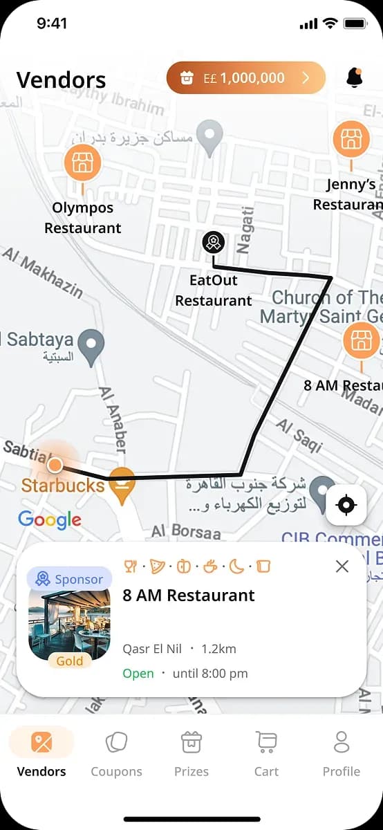 Mobile app map displaying restaurant vendors