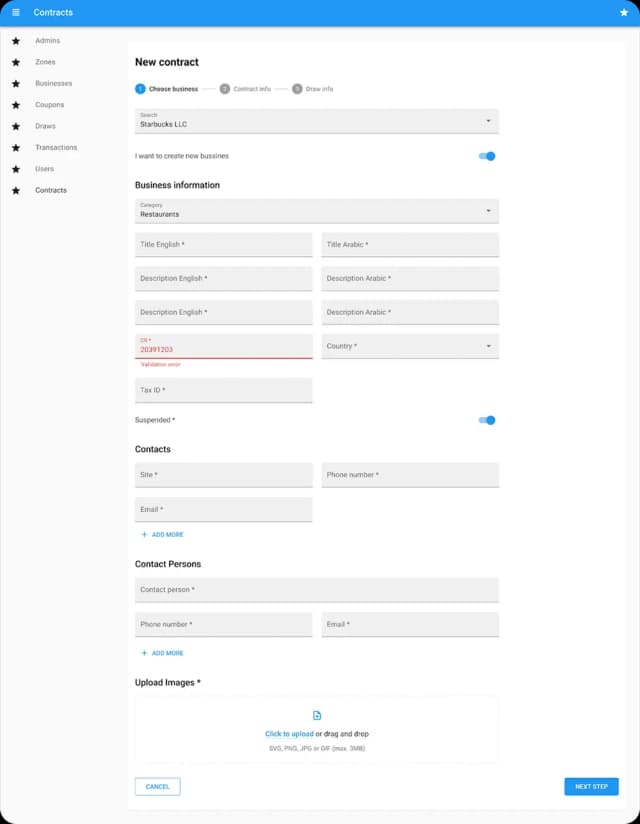 Contract management interface for a business application