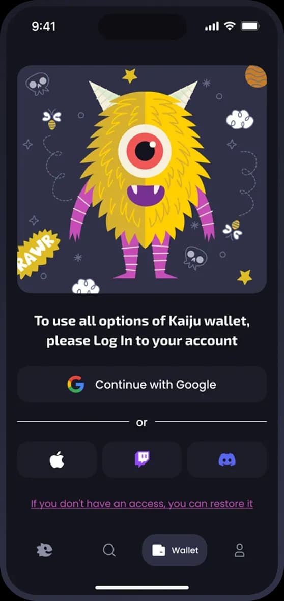 Kaiju wallet login screen with monster illustration