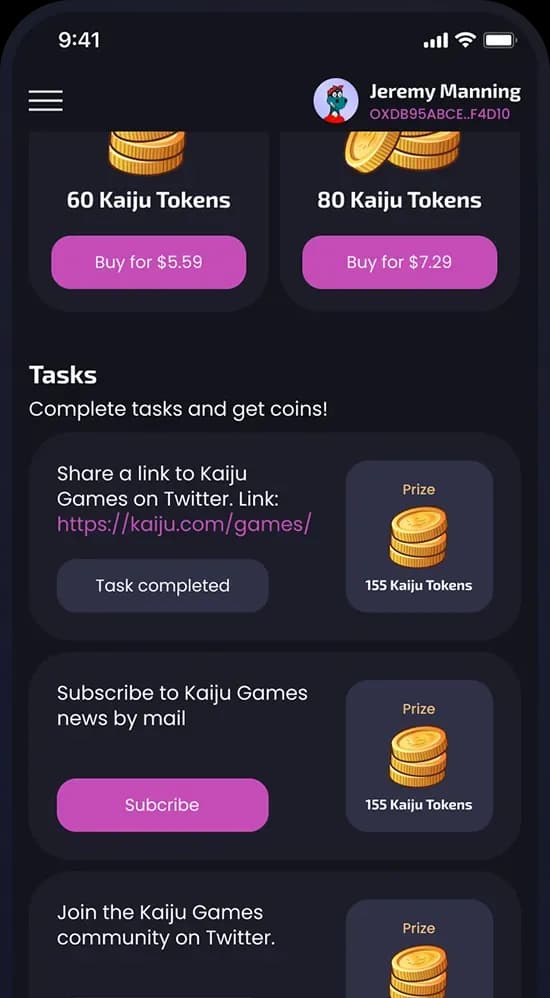 Mobile app token purchase and task screen
