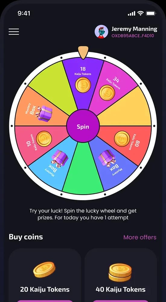 Lucky wheel spin screen with prizes