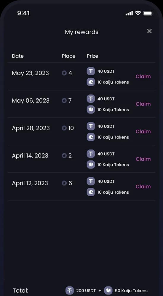 Rewards summary screen with prize details