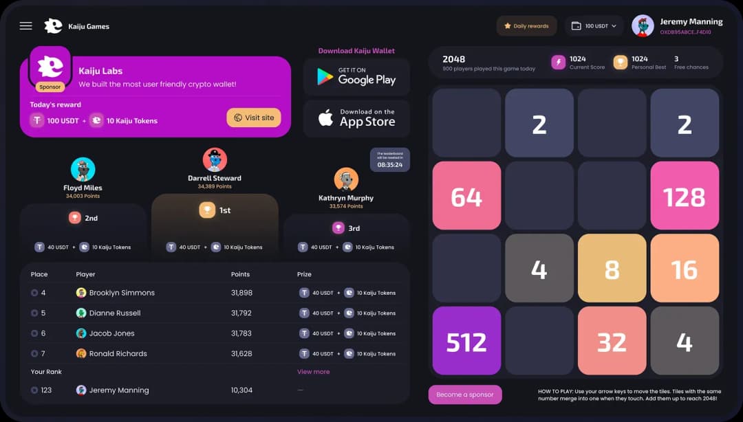 Kaiju Games leaderboard and 2048 game screen