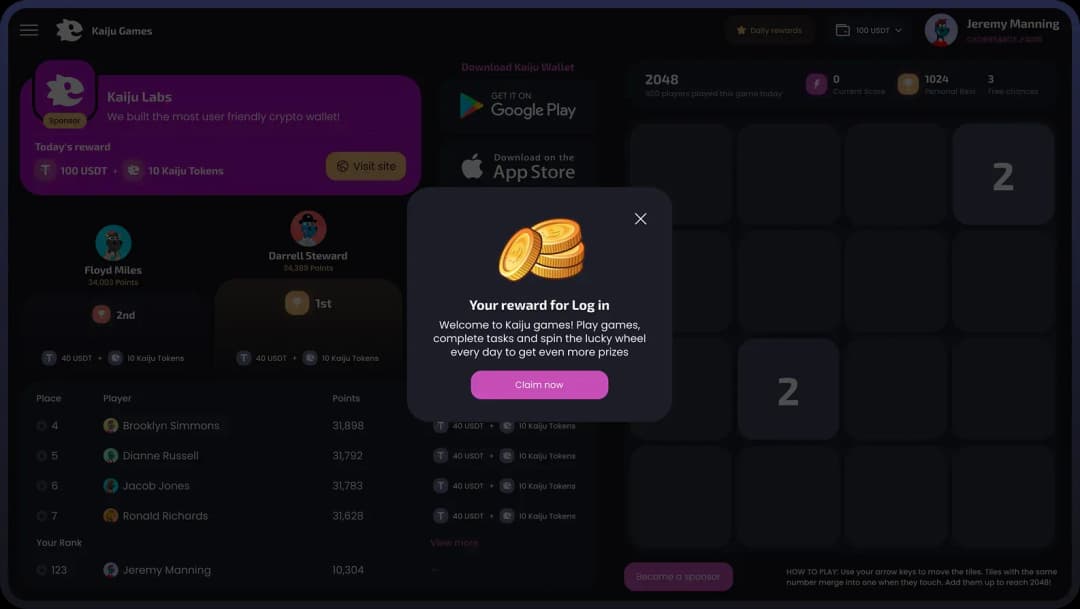 Reward notification for logging in to app