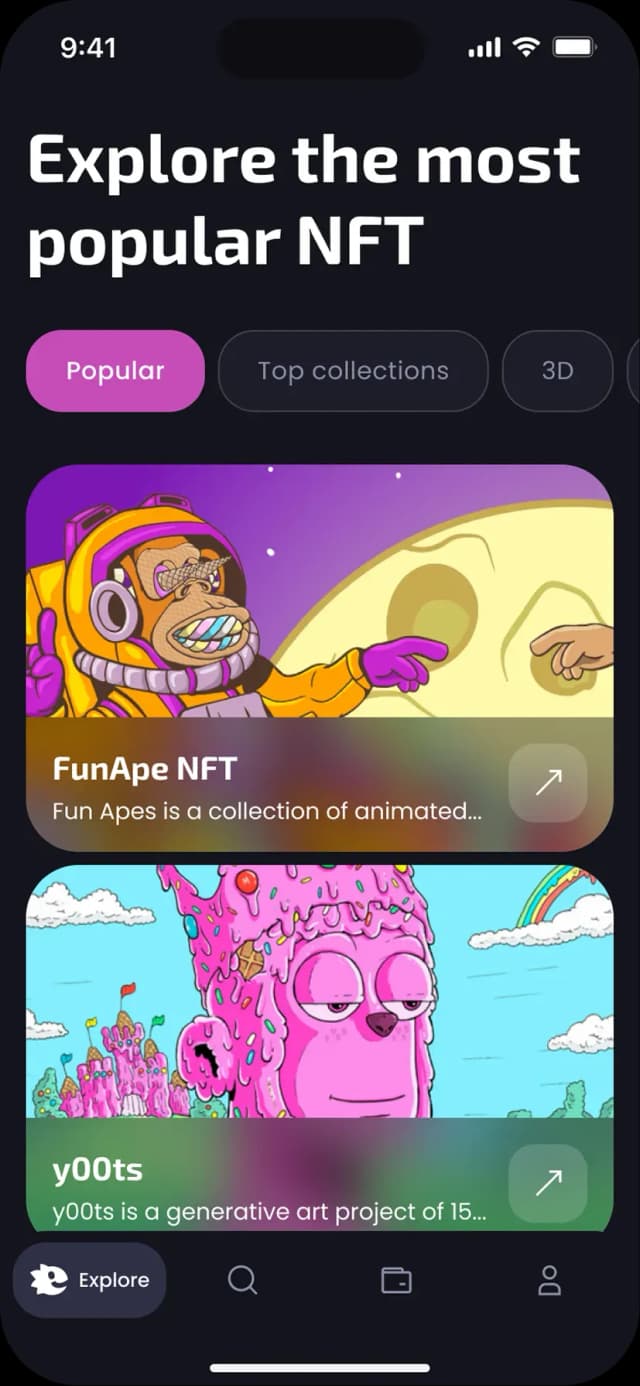 Mobile app NFT marketplace screen