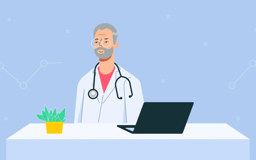 Doctor in office with laptop and plant