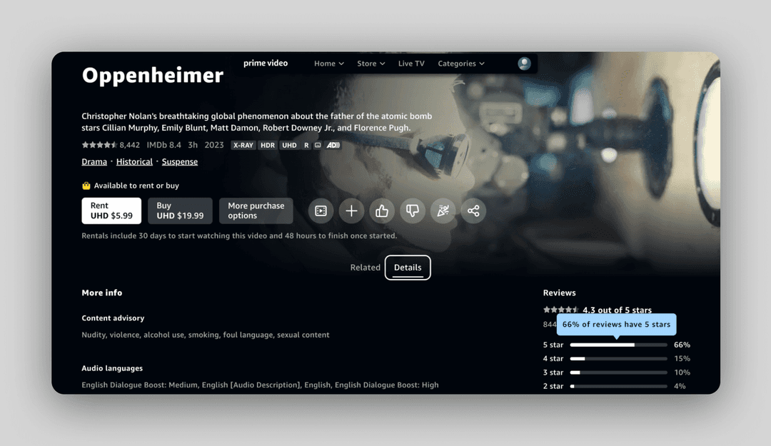 screen of Amazon Prime Video service showing user ratings