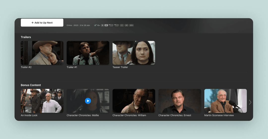 Apple TV service screen showing bonus content about the making of the movie