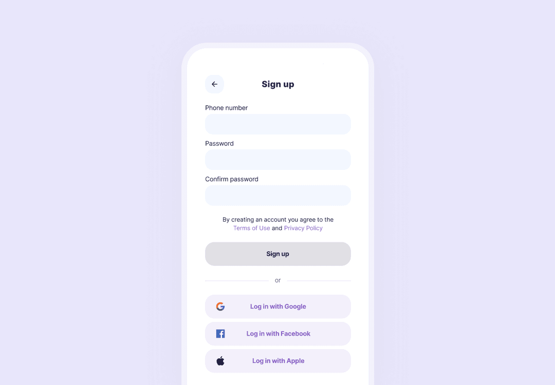 sign up screen