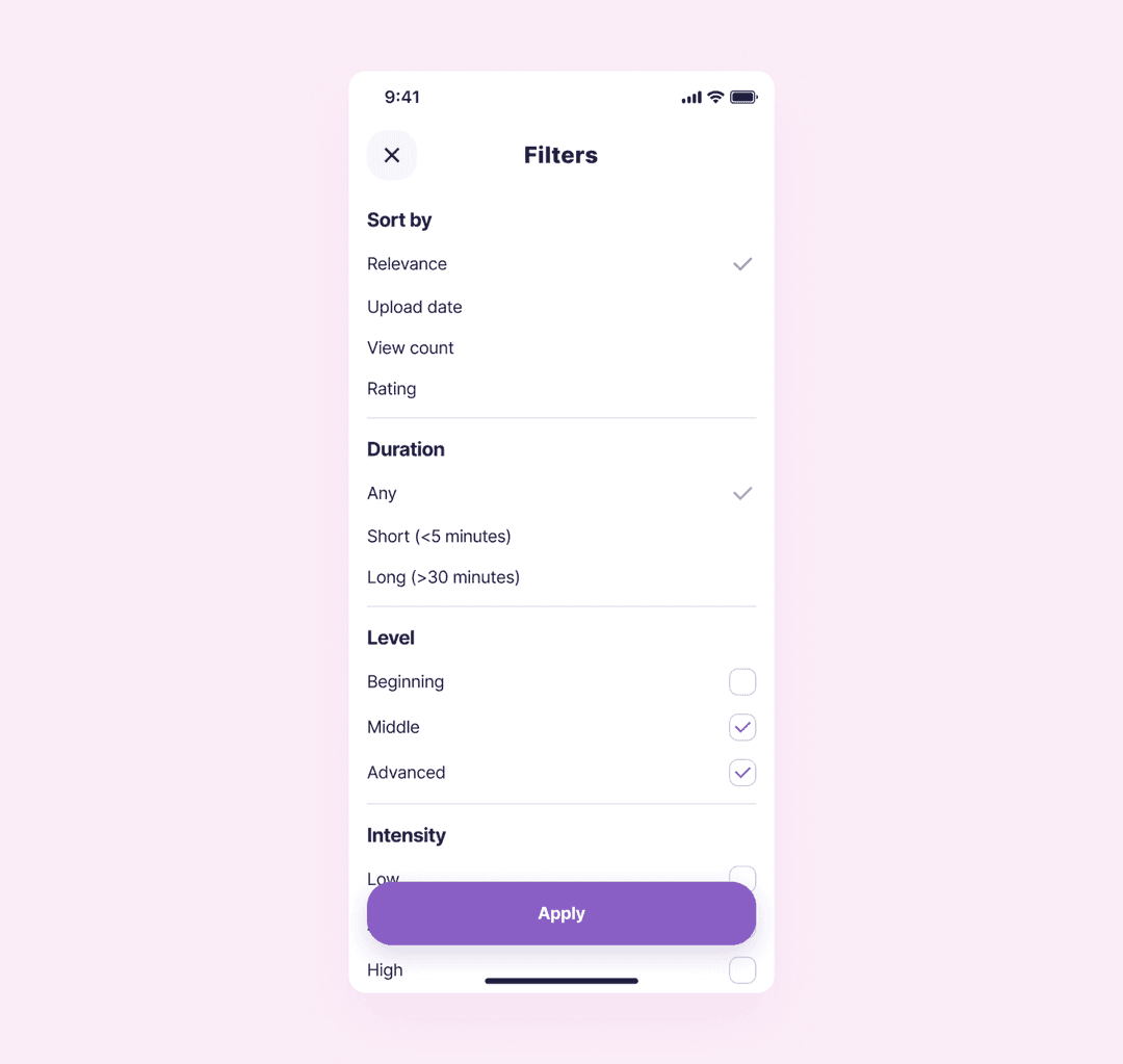 filters help find pre-built workouts for specific needs