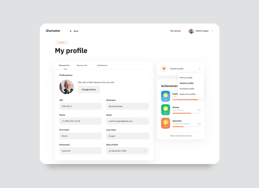 The user can switch between roles right from the profile settings: just tap the button and choose what you need