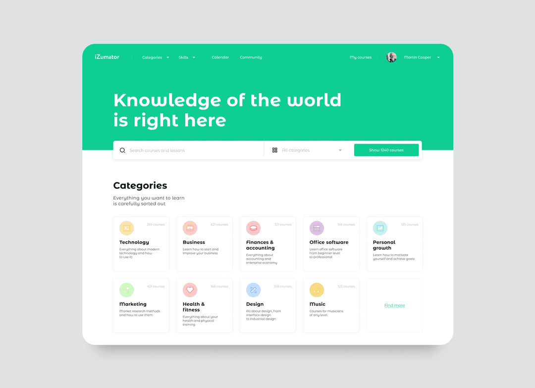 iZumator e-learning homepage "Knowledge of the world is right here" with course search and category cards