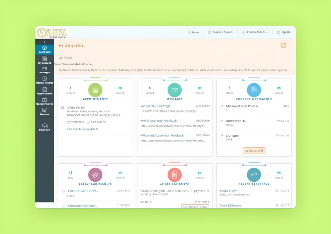 Mock-up of a dashboard interface for a hospital