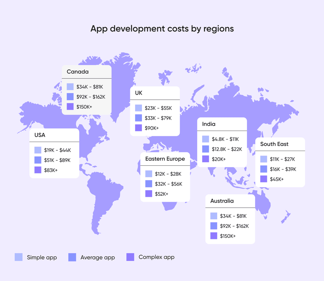 A world map with average app development cost