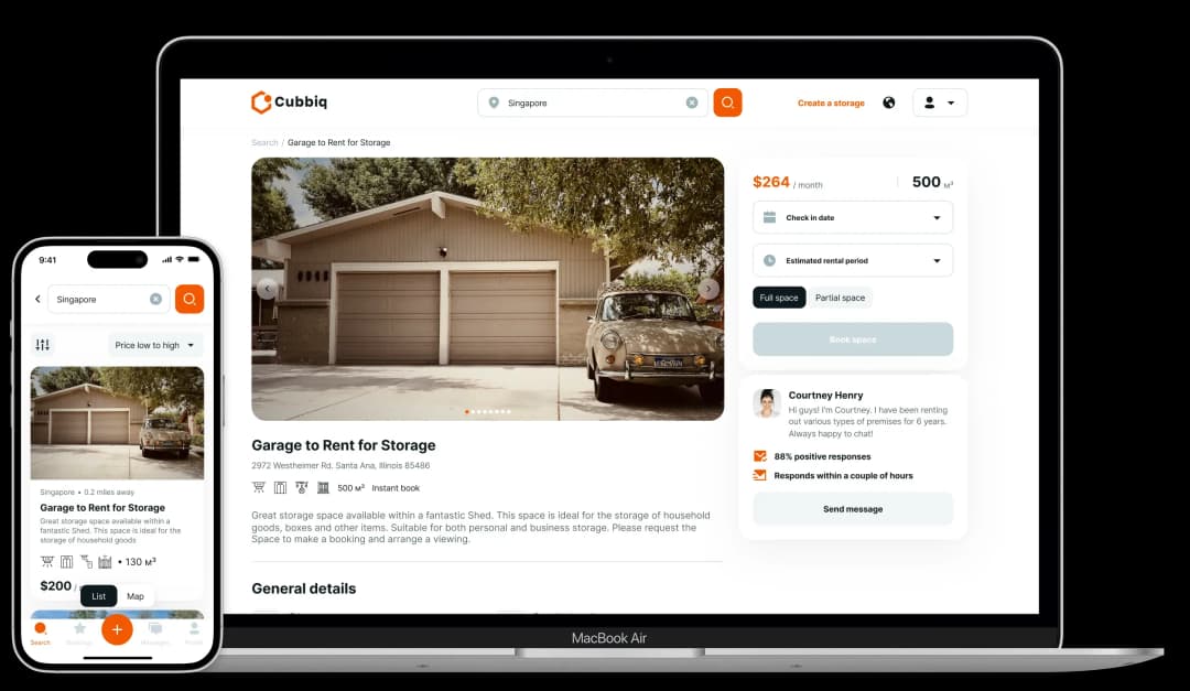 Cubbig storage rental app interface displaying garage details