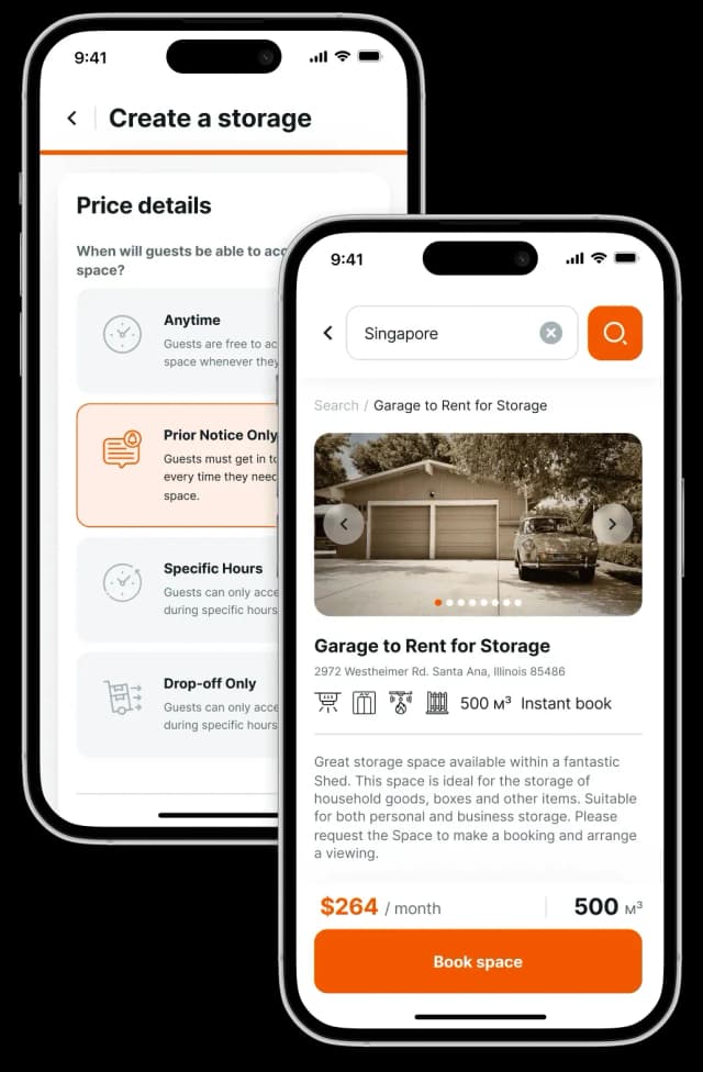 Mobile app storage rental screen