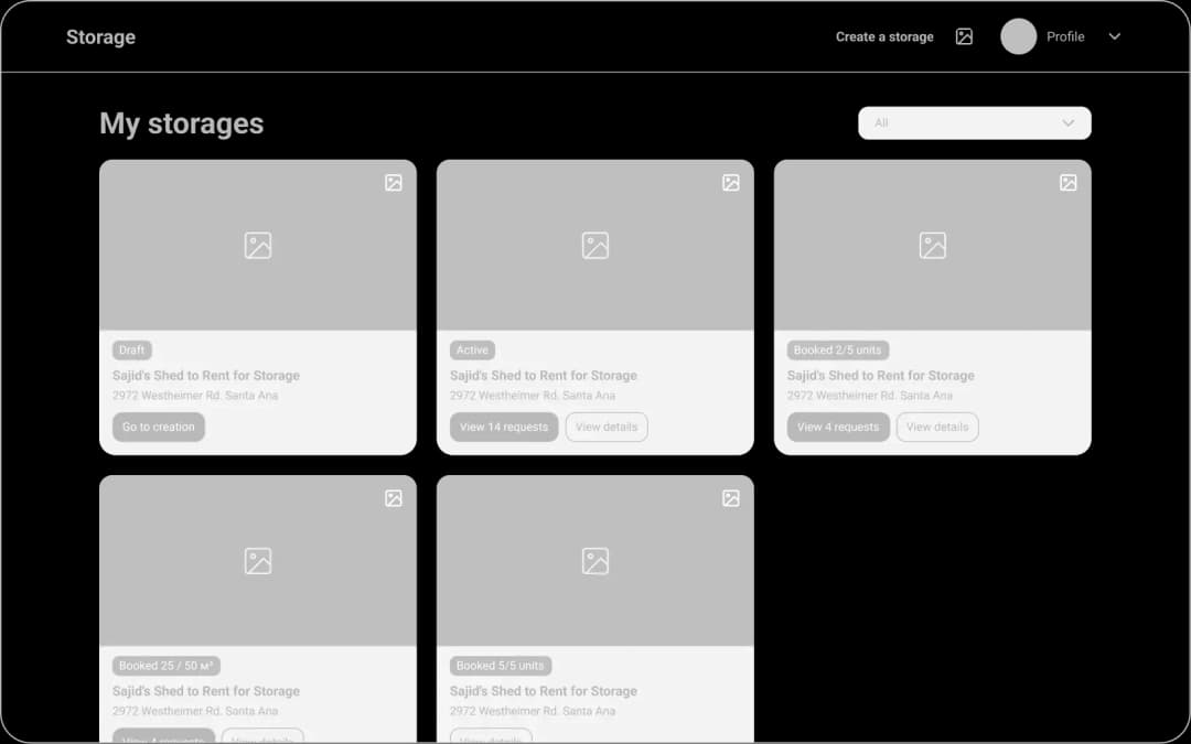 Storage rental listings interface screen