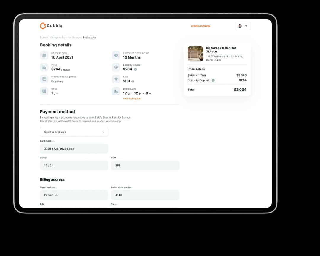 Storage booking confirmation screen
