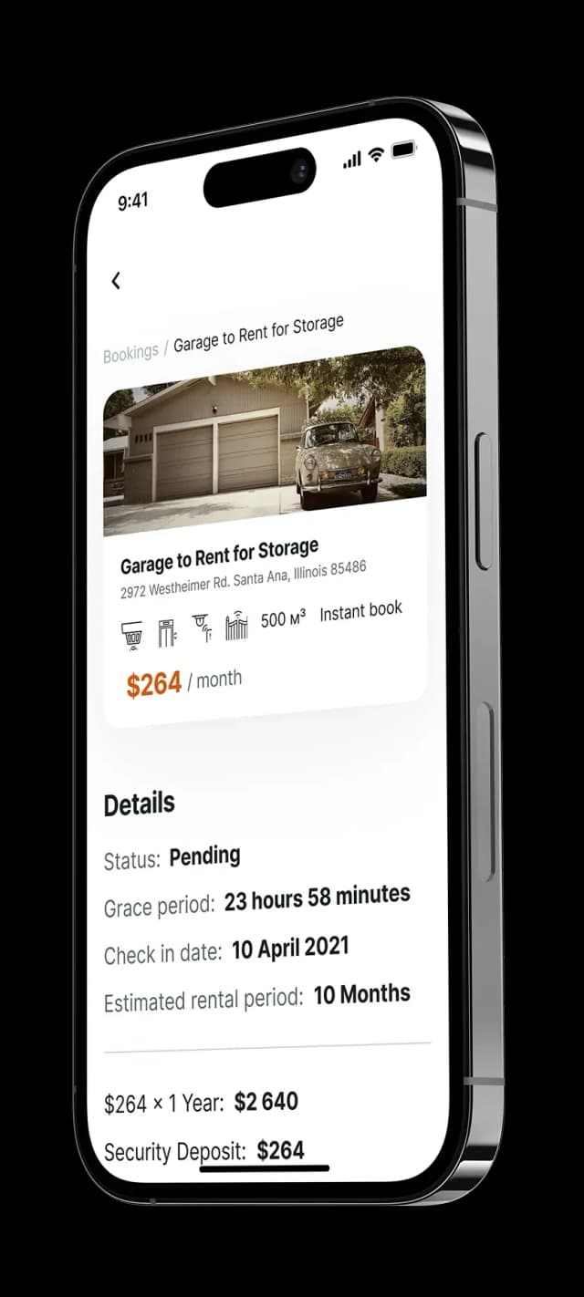 Mobile app booking screen for storage rental